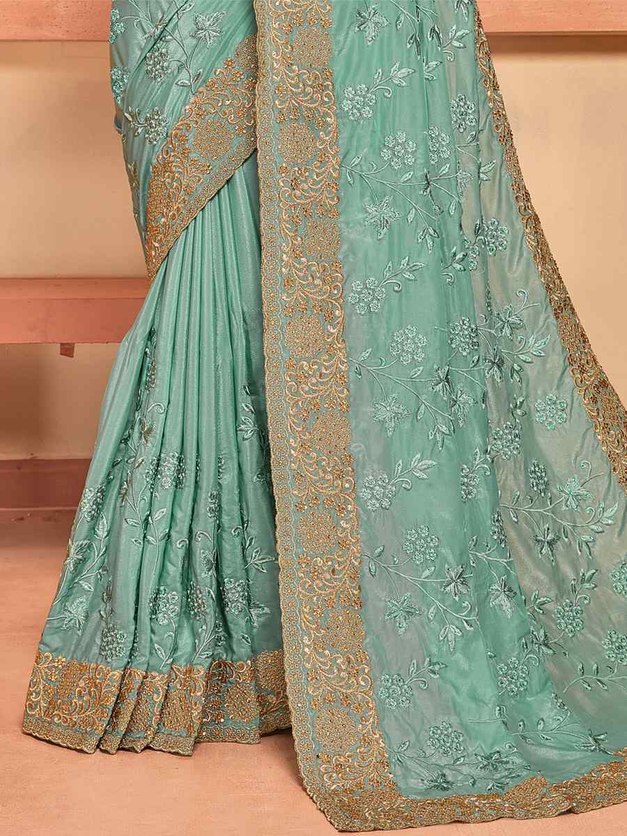 Sea Green Crepe Silk Embroidered Wedding Party Heavy Border Saree