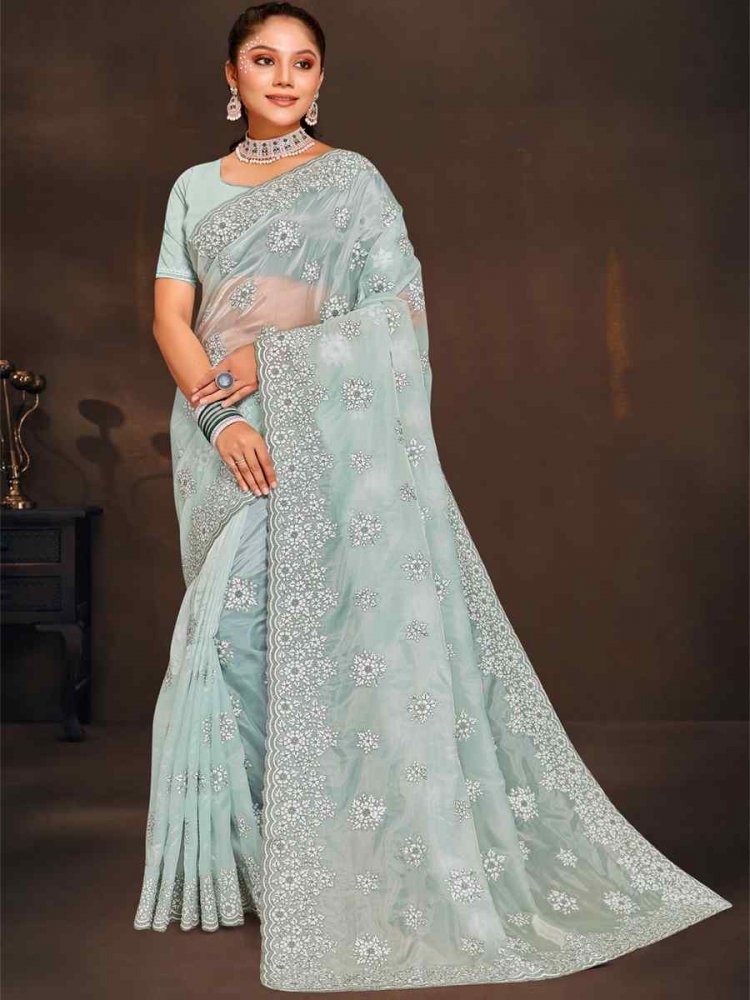 Sea Green Crystal Organza Embroidered Wedding Party Heavy Border Saree