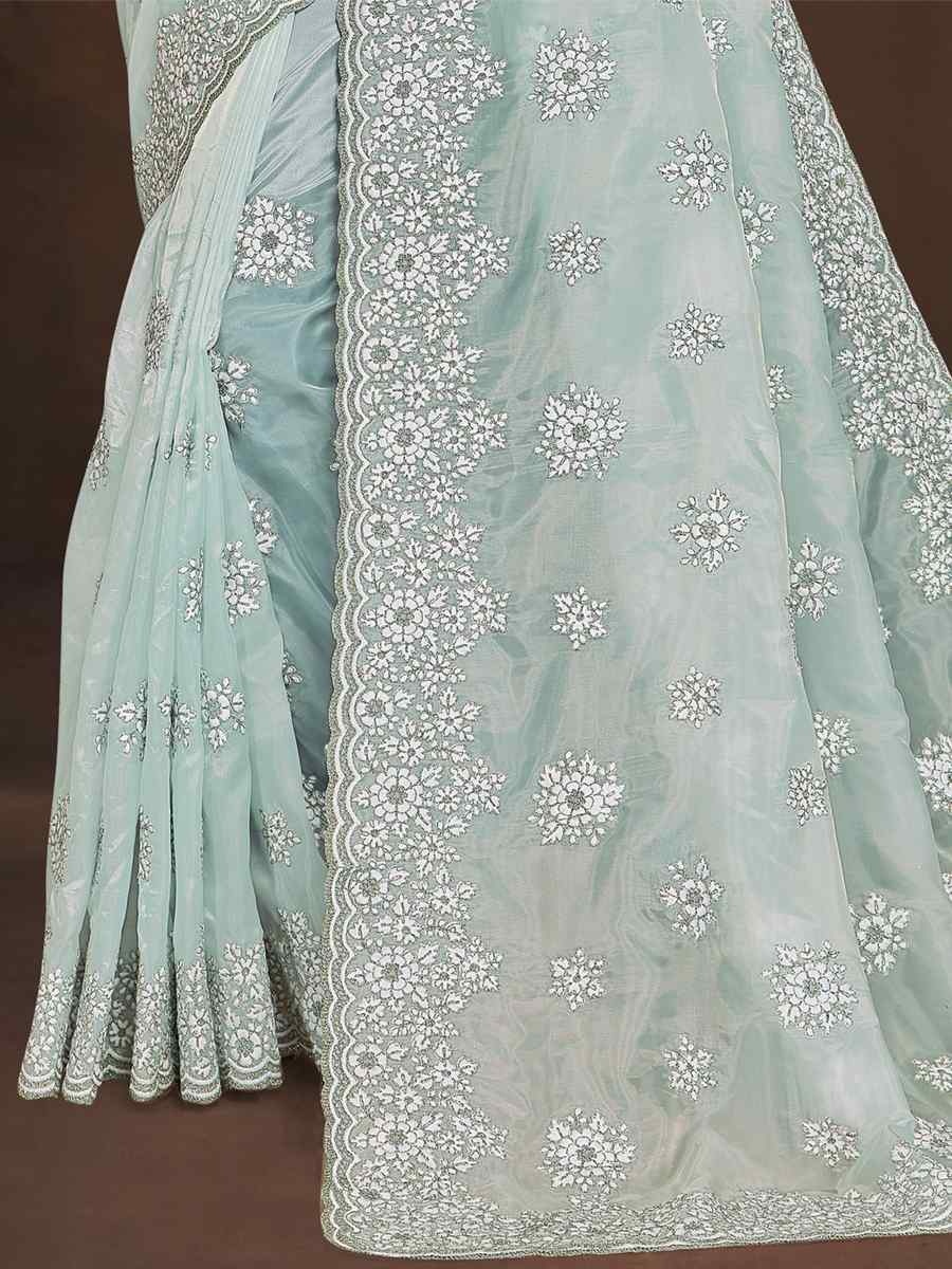Sea Green Crystal Organza Embroidered Wedding Party Heavy Border Saree