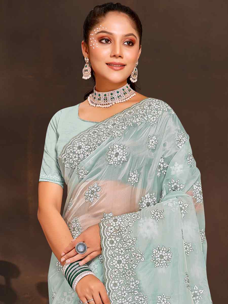 Sea Green Crystal Organza Embroidered Wedding Party Heavy Border Saree