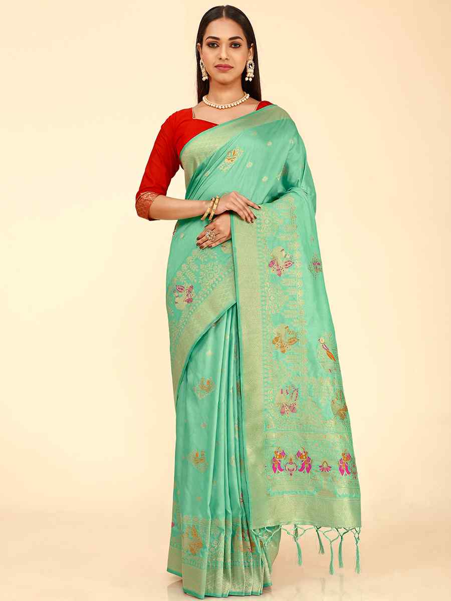 Sea Green Dola Silk Handwoven Wedding Festival Heavy Border Saree