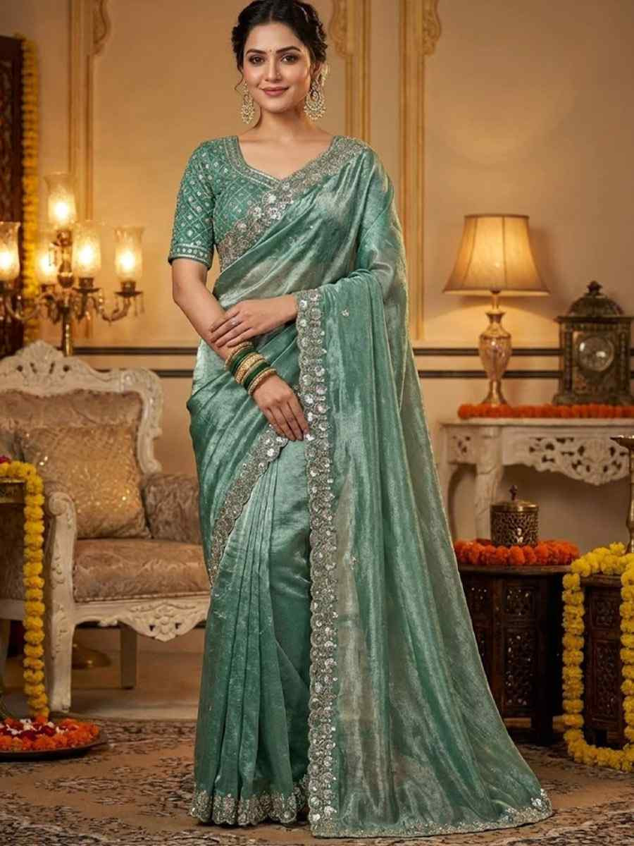 Sea Green Fandy Satin Silk Zari Sequins Embroidery Reception Festival Wedding Party Fancy Heavy Border Sarees