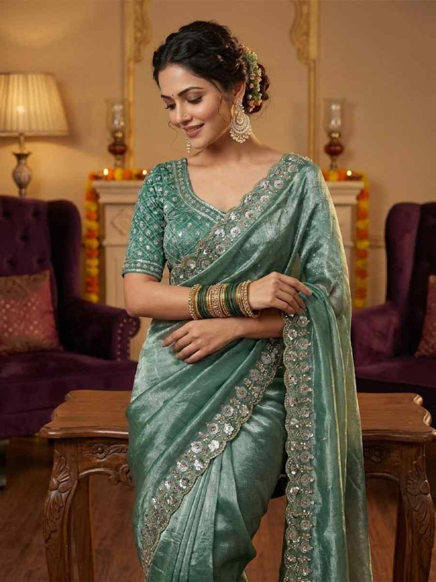 Sea Green Fandy Satin Silk Zari Sequins Embroidery Reception Festival Wedding Party Fancy Heavy Border Sarees