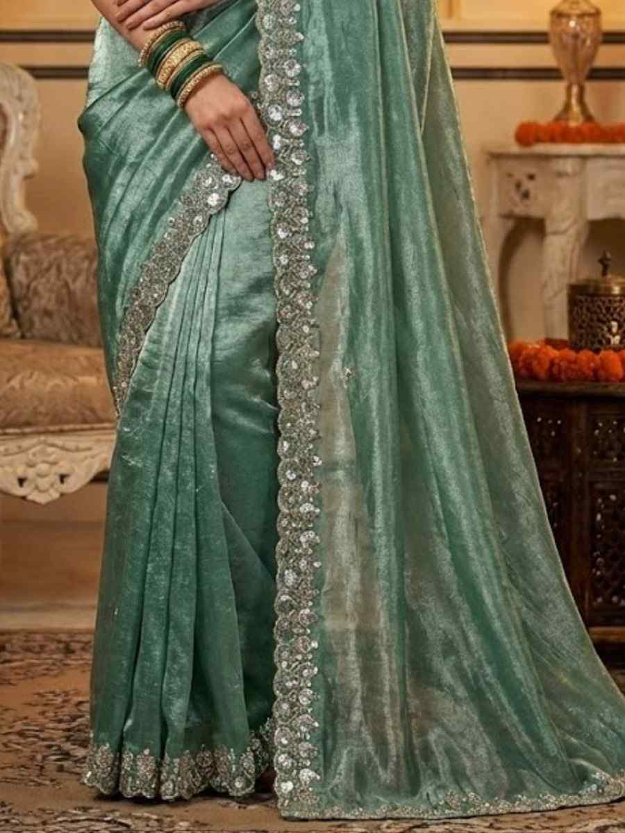 Sea Green Fandy Satin Silk Zari Sequins Embroidery Reception Festival Wedding Party Fancy Heavy Border Sarees