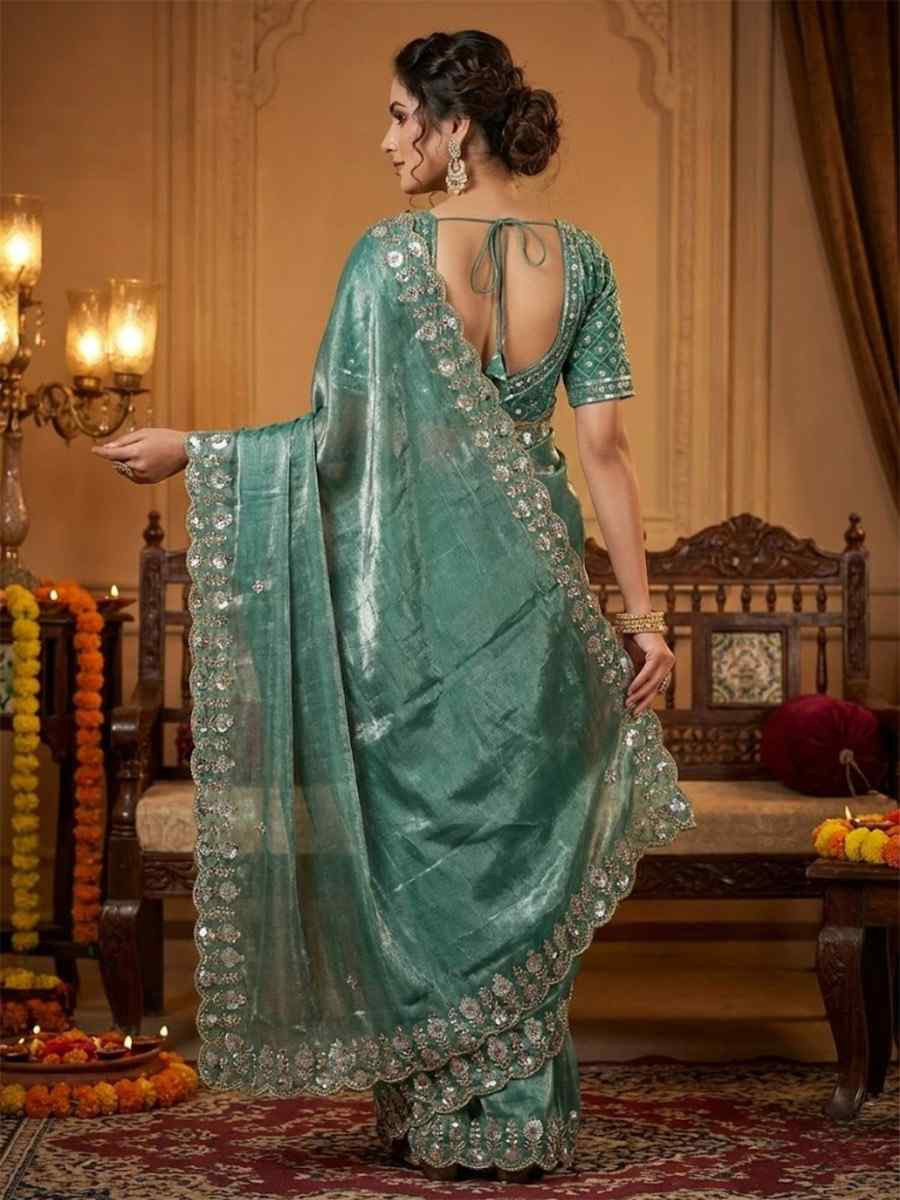 Sea Green Fandy Satin Silk Zari Sequins Embroidery Reception Festival Wedding Party Fancy Heavy Border Sarees