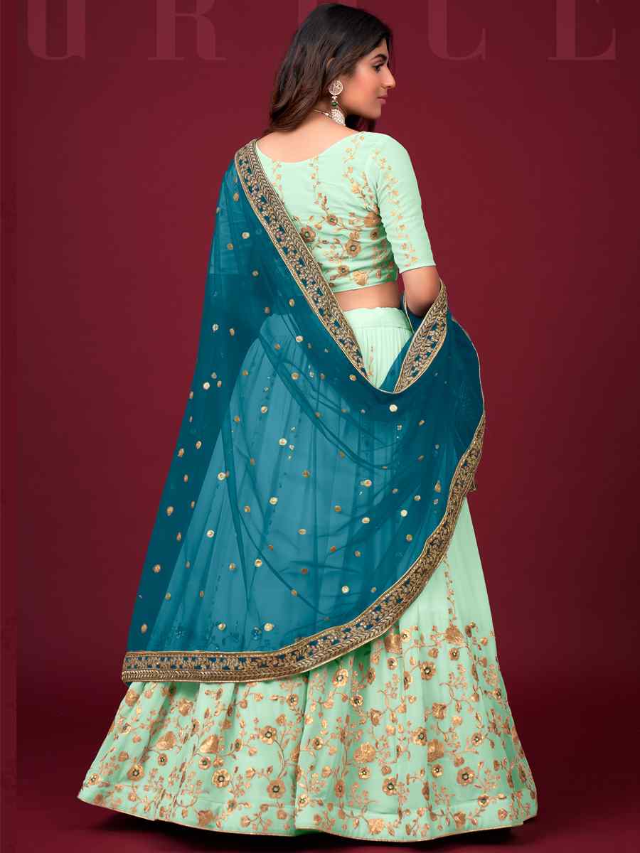 Sea Green Faux Georgette Embroidered Engagement Wedding Heavy Border Lehenga Choli