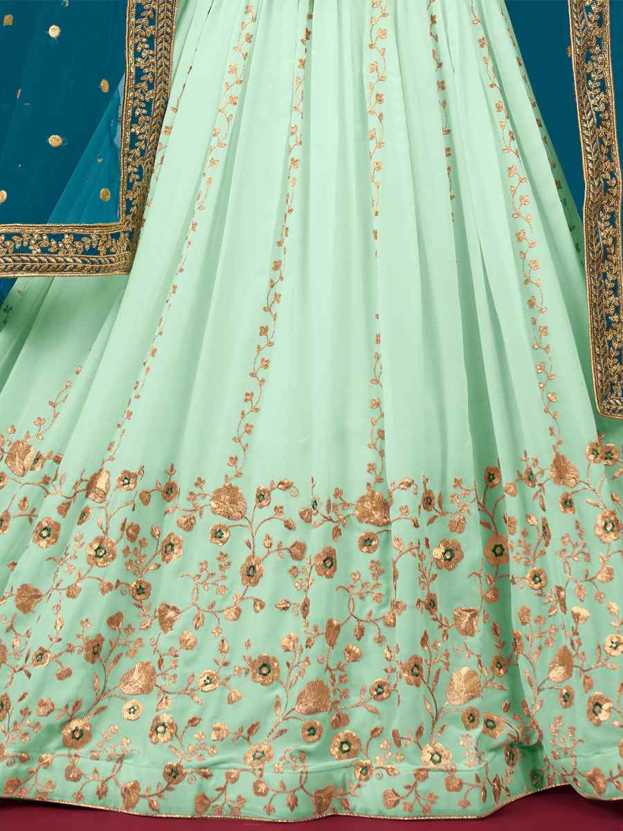 Sea Green Faux Georgette Embroidered Engagement Wedding Heavy Border Lehenga Choli