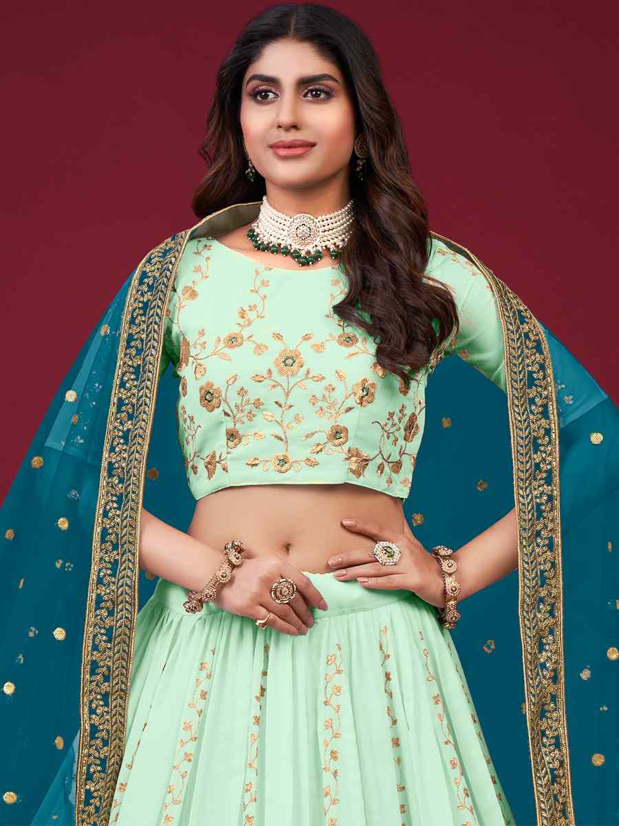 Sea Green Faux Georgette Embroidered Engagement Wedding Heavy Border Lehenga Choli