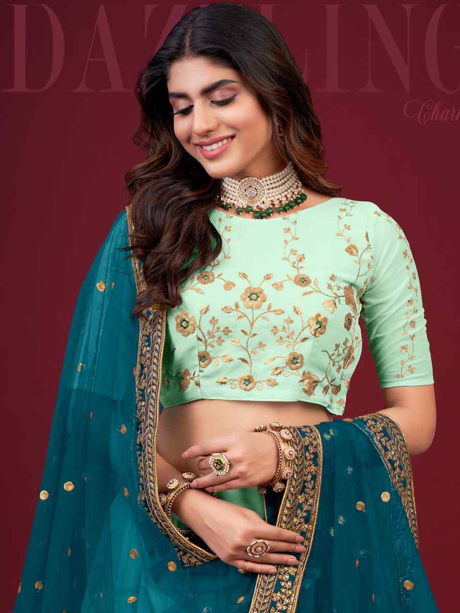 Sea Green Faux Georgette Embroidered Engagement Wedding Heavy Border Lehenga Choli