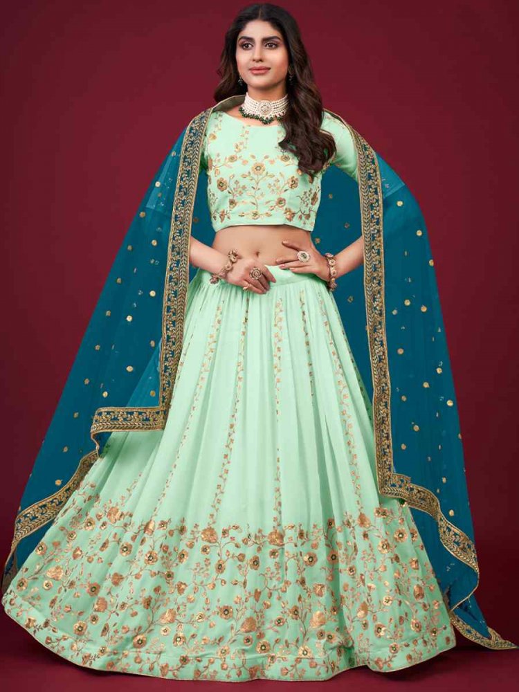 Sea Green Faux Georgette Embroidered Engagement Wedding Heavy Border Lehenga Choli