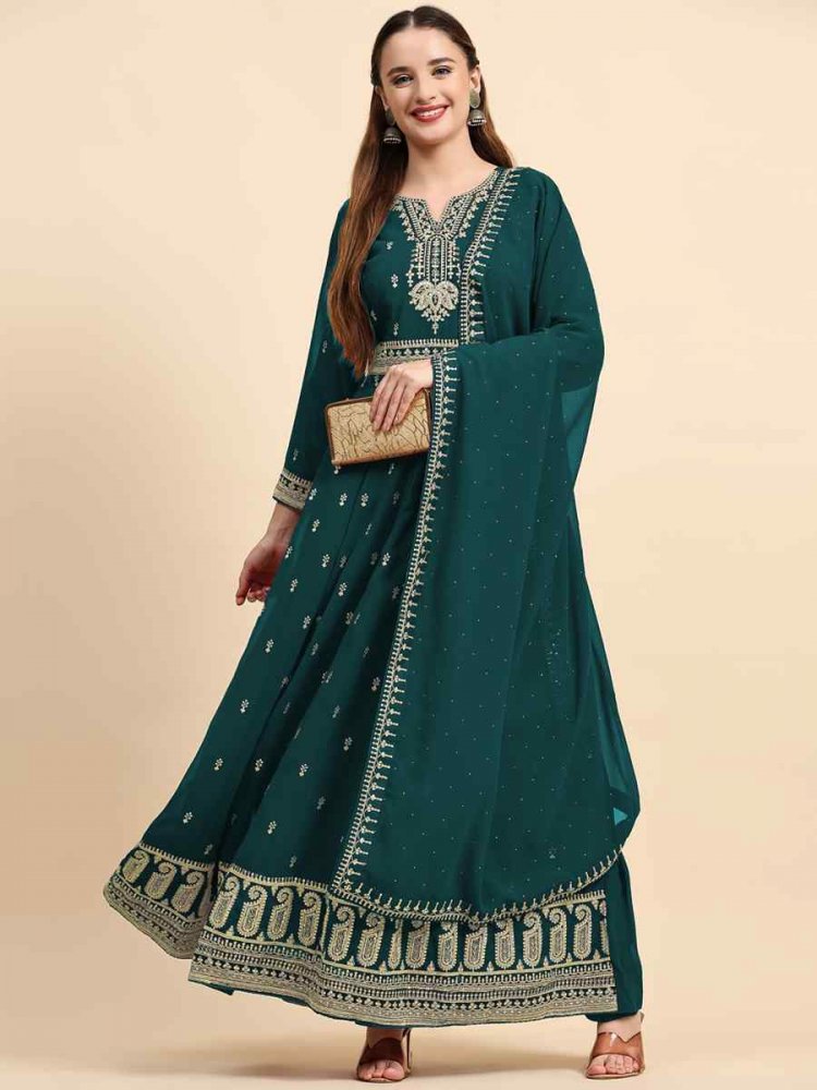 Sea Green Faux Georgette Embroidered Festival Wedding Anarkali Salwar Kameez