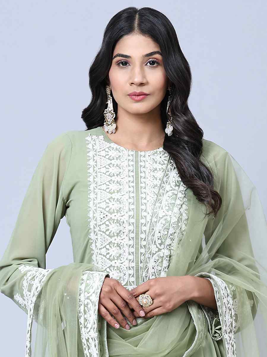 Sea Green Faux Georgette Embroidered Festival Wedding Pant Salwar Kameez
