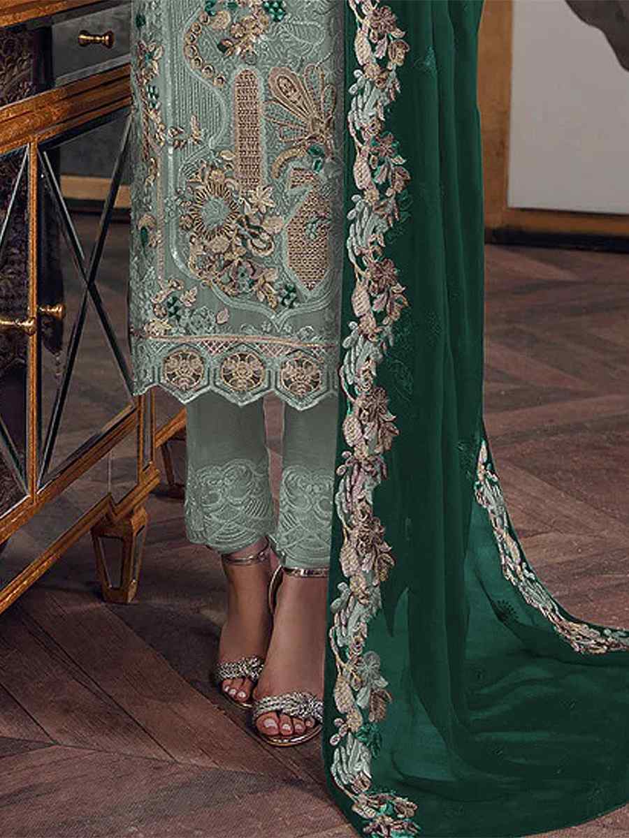 Sea Green Faux Georgette Embroidered Festival Wedding Pant Salwar Kameez