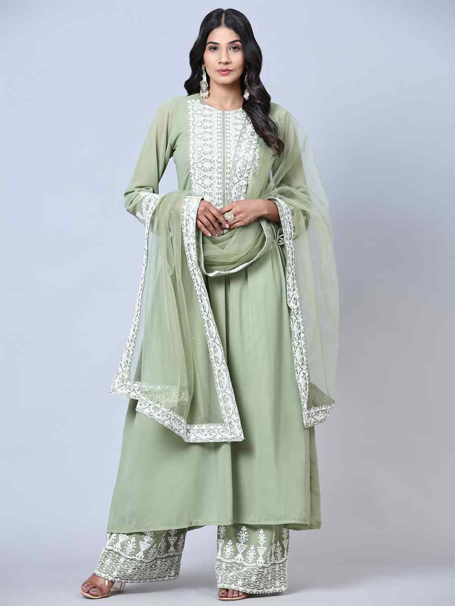 Sea Green Faux Georgette Embroidered Festival Wedding Pant Salwar Kameez