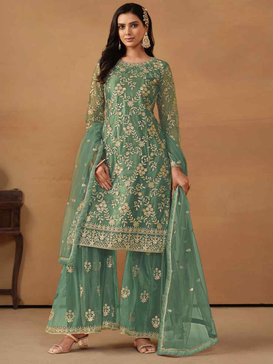 Sea Green Faux Georgette Embroidered Festival Wedding Sharara Pant Salwar Kameez
