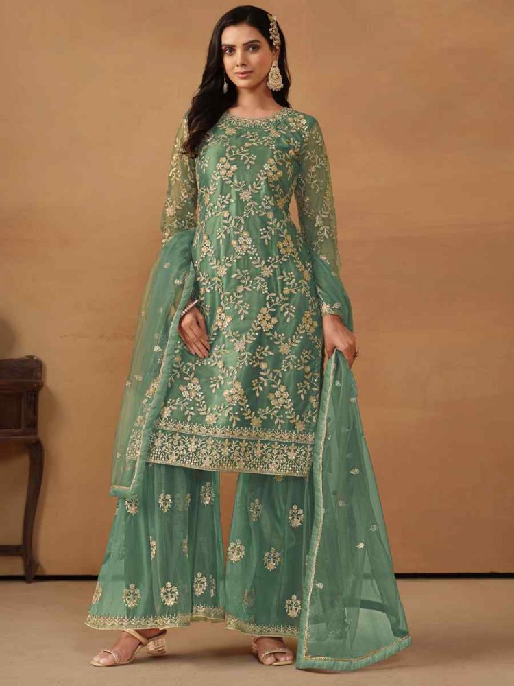 Sea Green Faux Georgette Embroidered Festival Wedding Sharara Pant Salwar Kameez