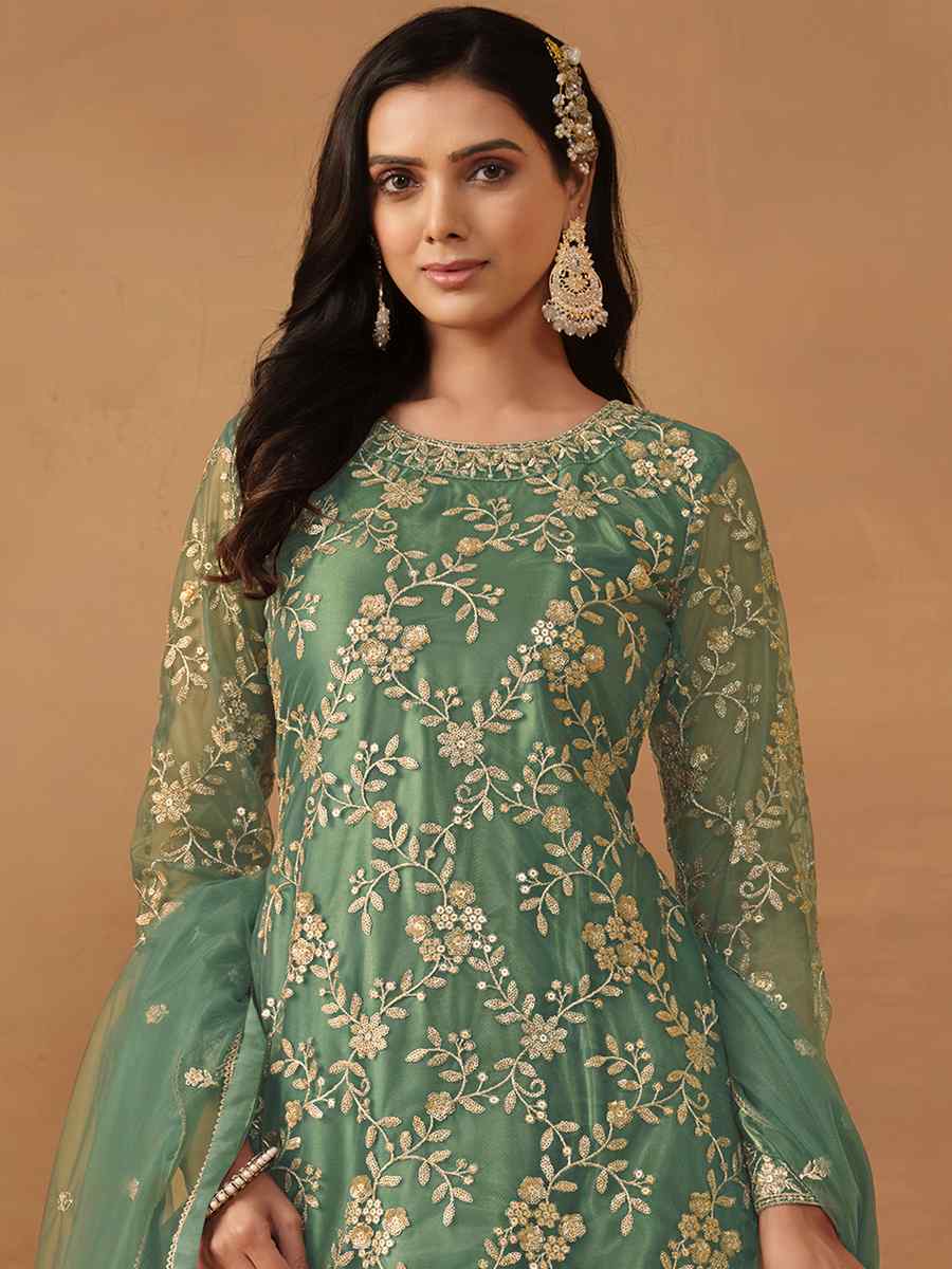 Sea Green Faux Georgette Embroidered Festival Wedding Sharara Pant Salwar Kameez