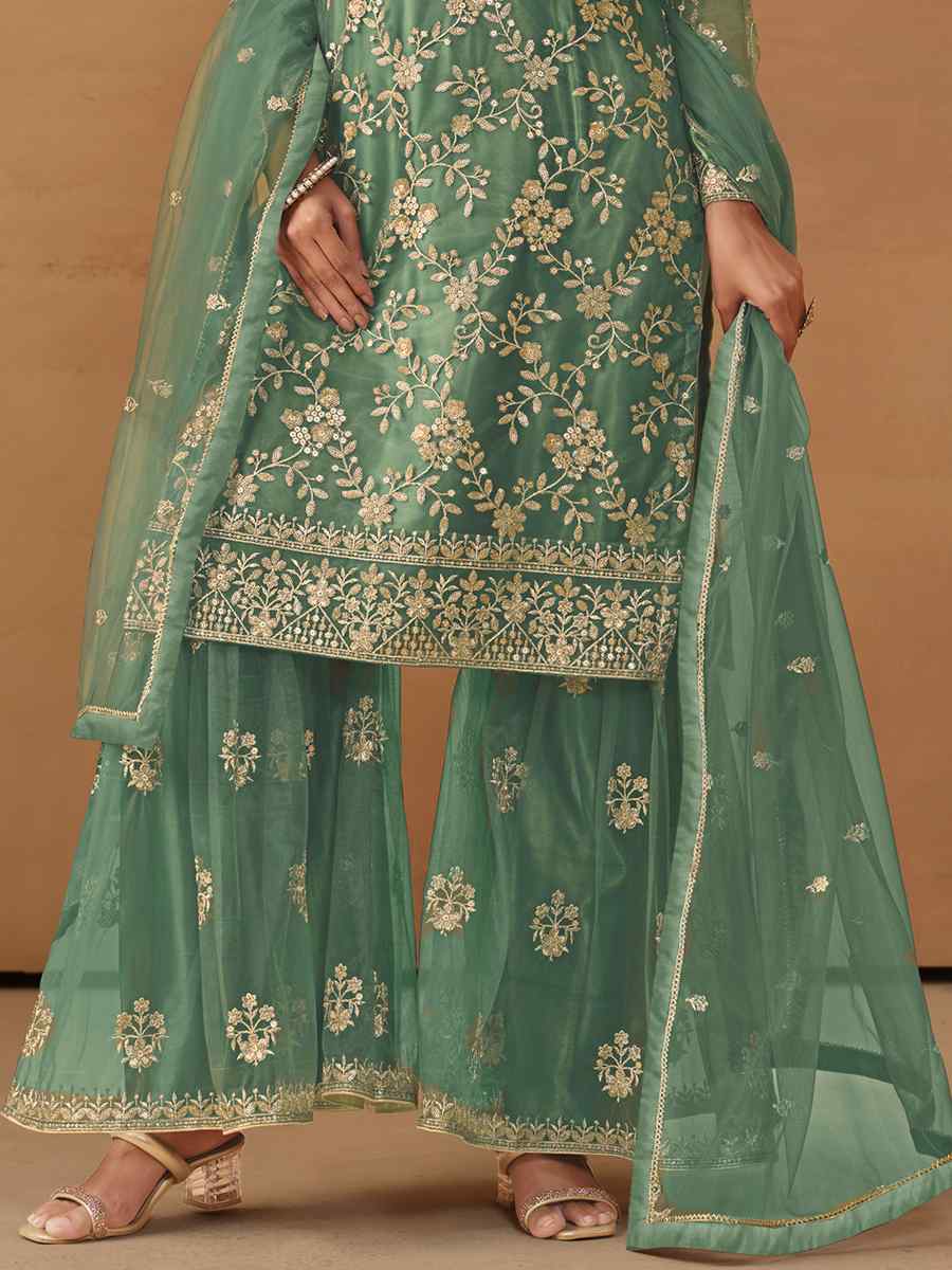 Sea Green Faux Georgette Embroidered Festival Wedding Sharara Pant Salwar Kameez