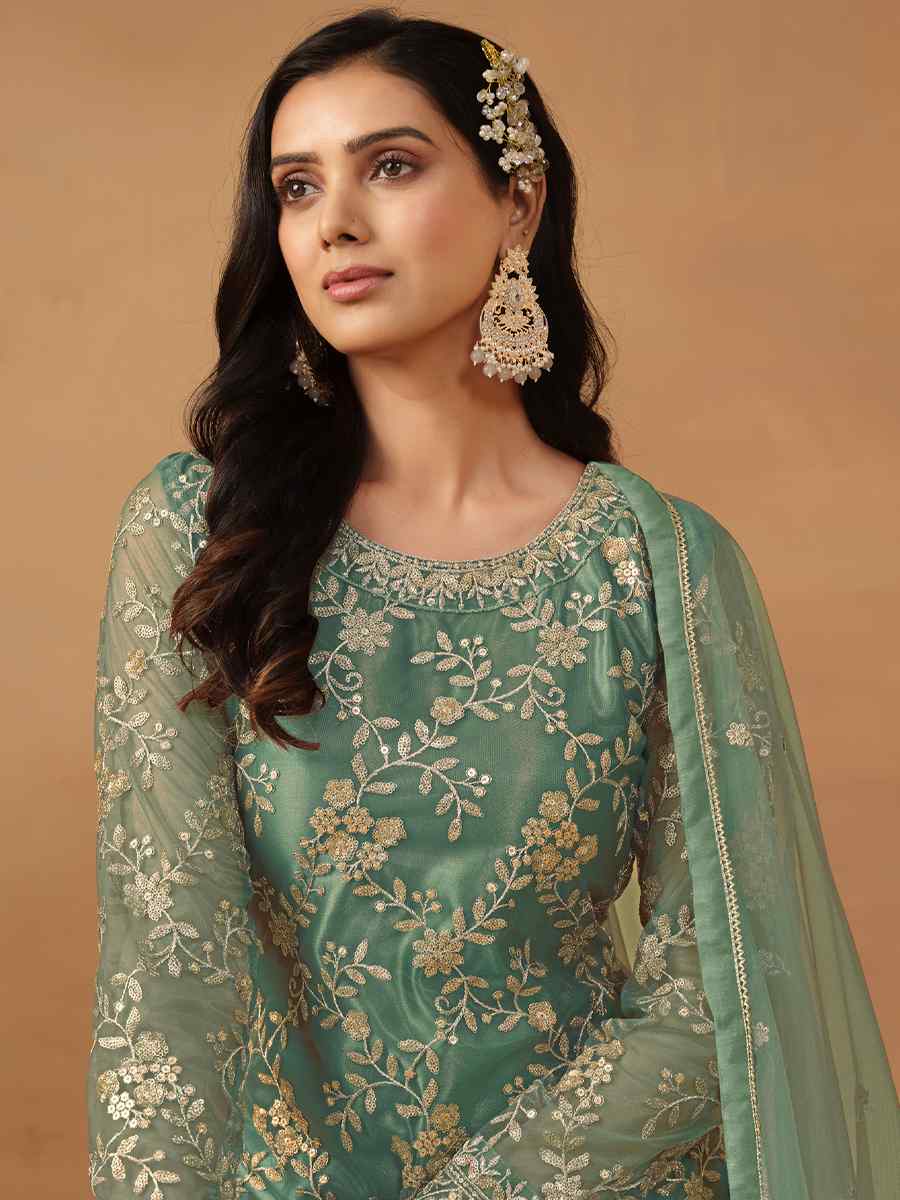 Sea Green Faux Georgette Embroidered Festival Wedding Sharara Pant Salwar Kameez