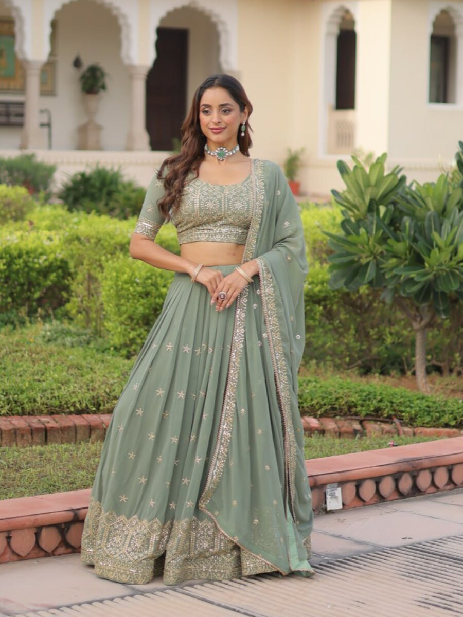 Sea green Faux georgette Embroidery Sequins Zari Wedding Reception Party Festival Heavy Border Lehenga Choli