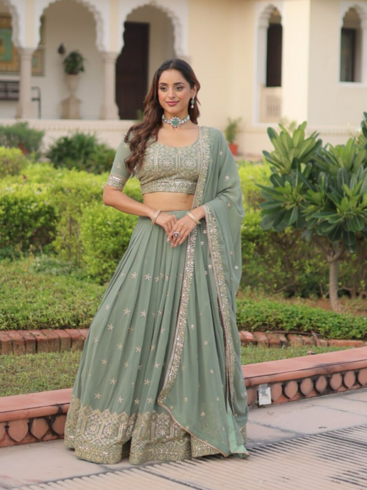 Image of Sea green Faux georgette Embroidery Sequins Zari Wedding Reception Party Festival Heavy Border Lehenga Choli