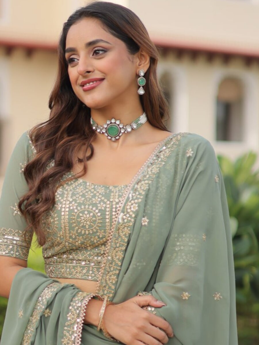 Sea green Faux georgette Embroidery Sequins Zari Wedding Reception Party Festival Heavy Border Lehenga Choli