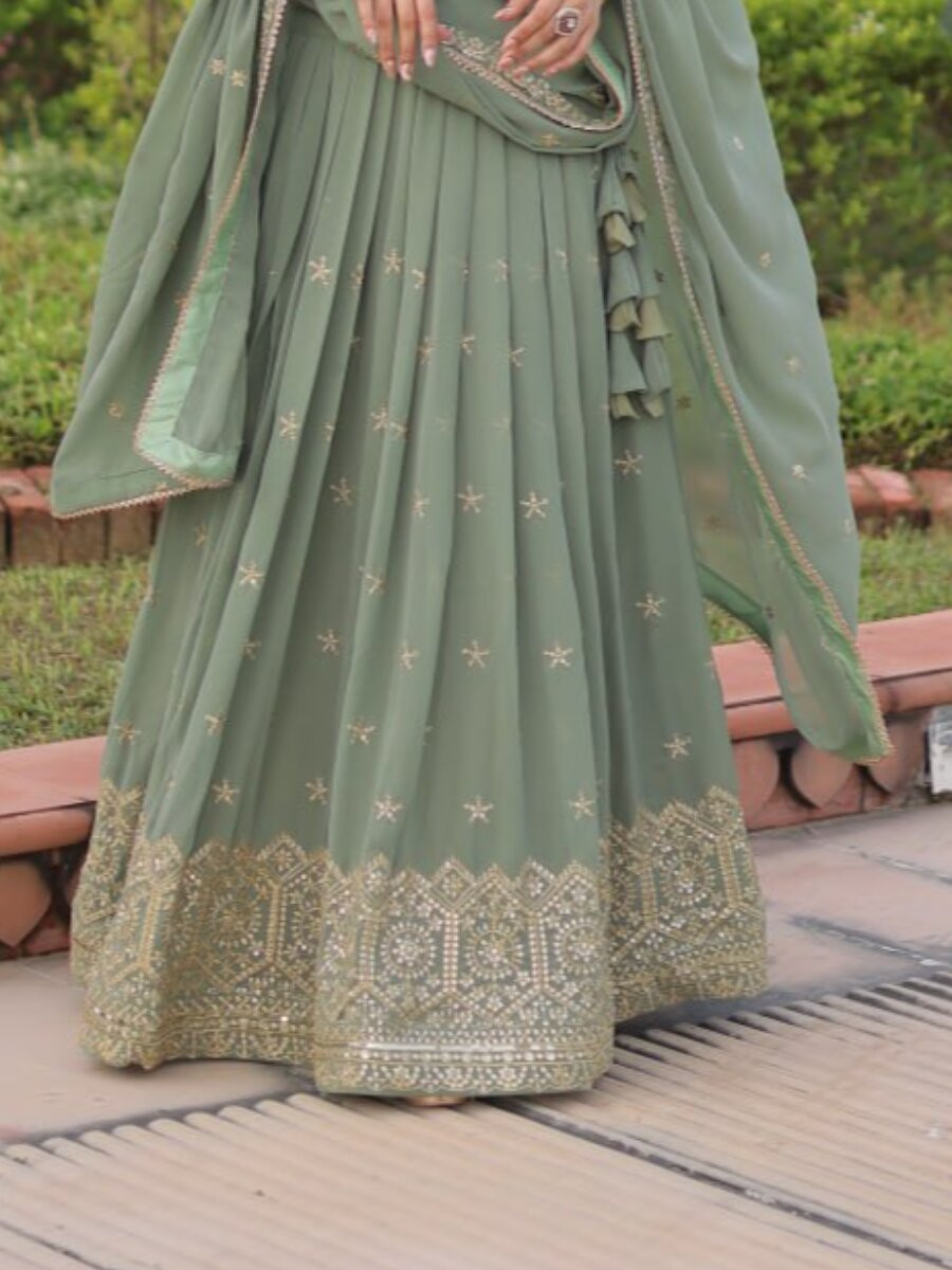 Sea green Faux georgette Embroidery Sequins Zari Wedding Reception Party Festival Heavy Border Lehenga Choli