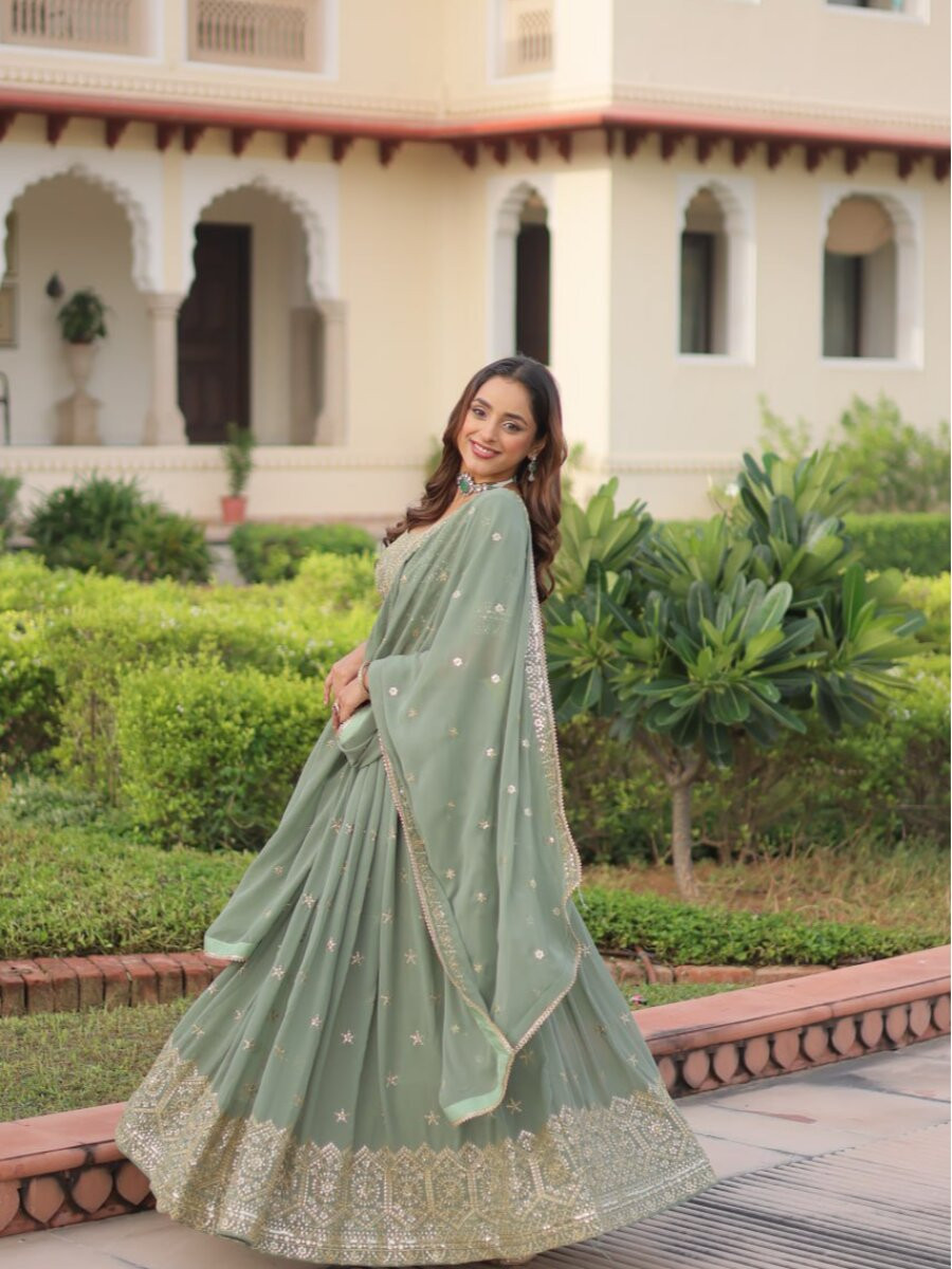 Sea green Faux georgette Embroidery Sequins Zari Wedding Reception Party Festival Heavy Border Lehenga Choli