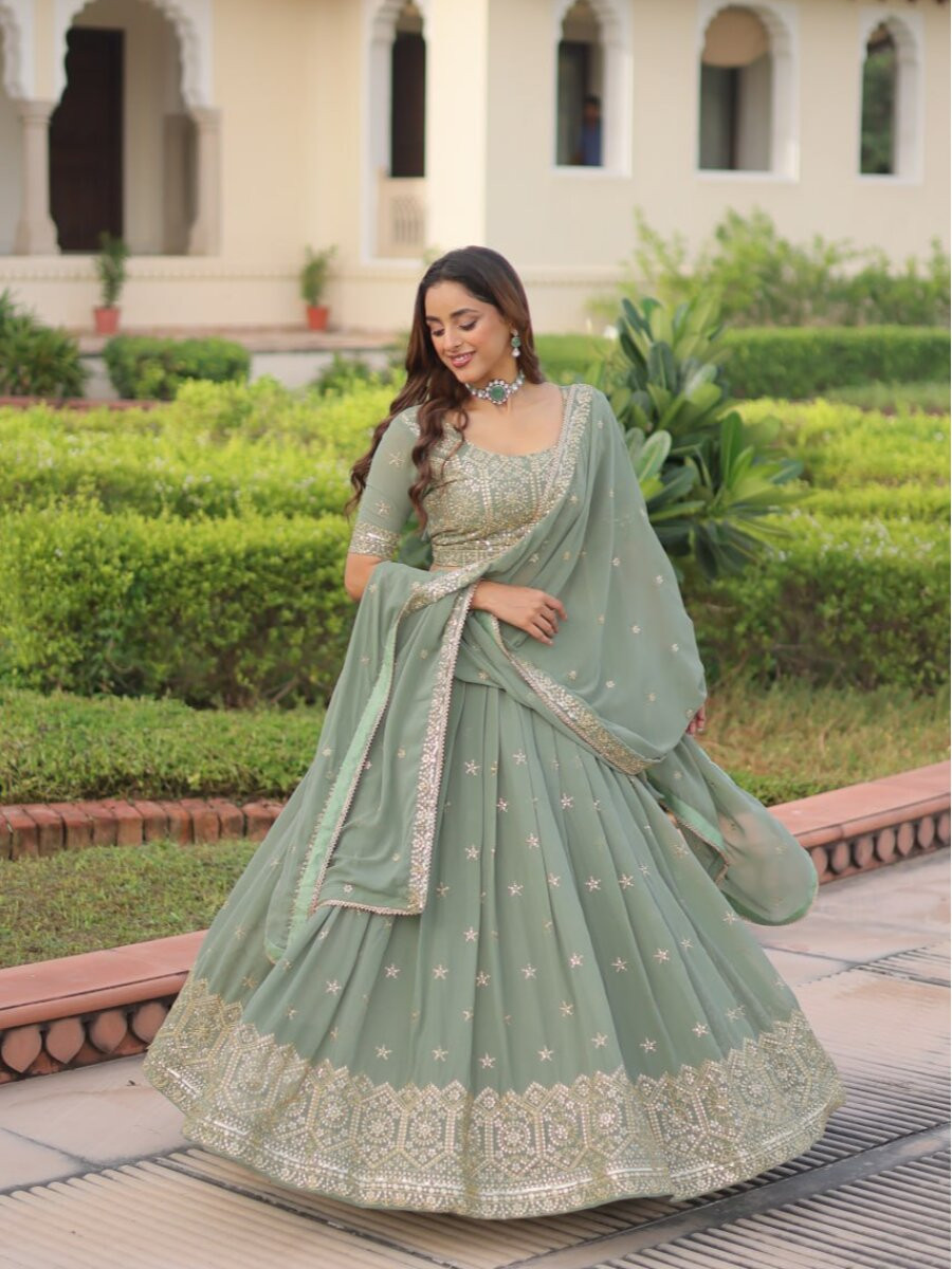 Sea green Faux georgette Embroidery Sequins Zari Wedding Reception Party Festival Heavy Border Lehenga Choli