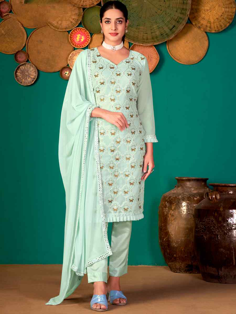 Sea Green Faux Georgette Handwoven Festival Pant Salwar Kameez