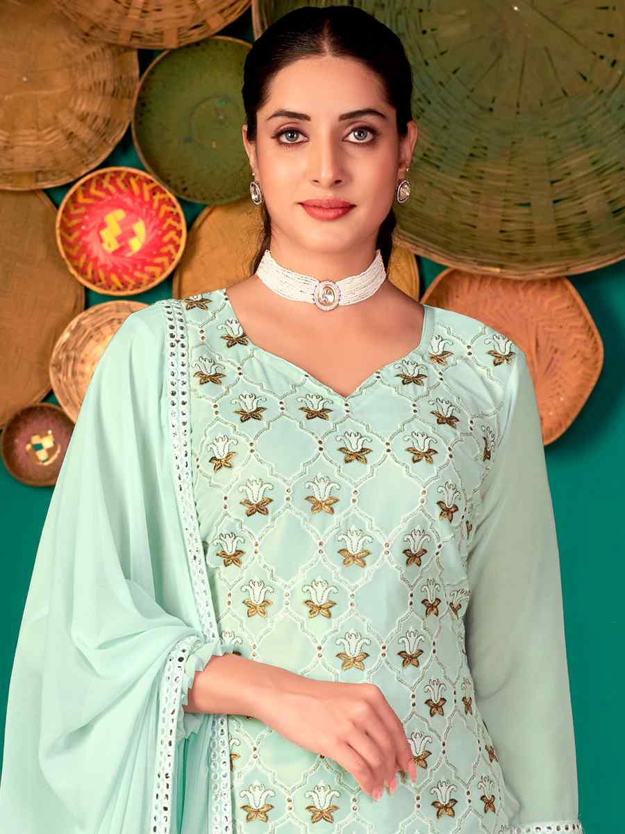 Sea Green Faux Georgette Handwoven Festival Pant Salwar Kameez