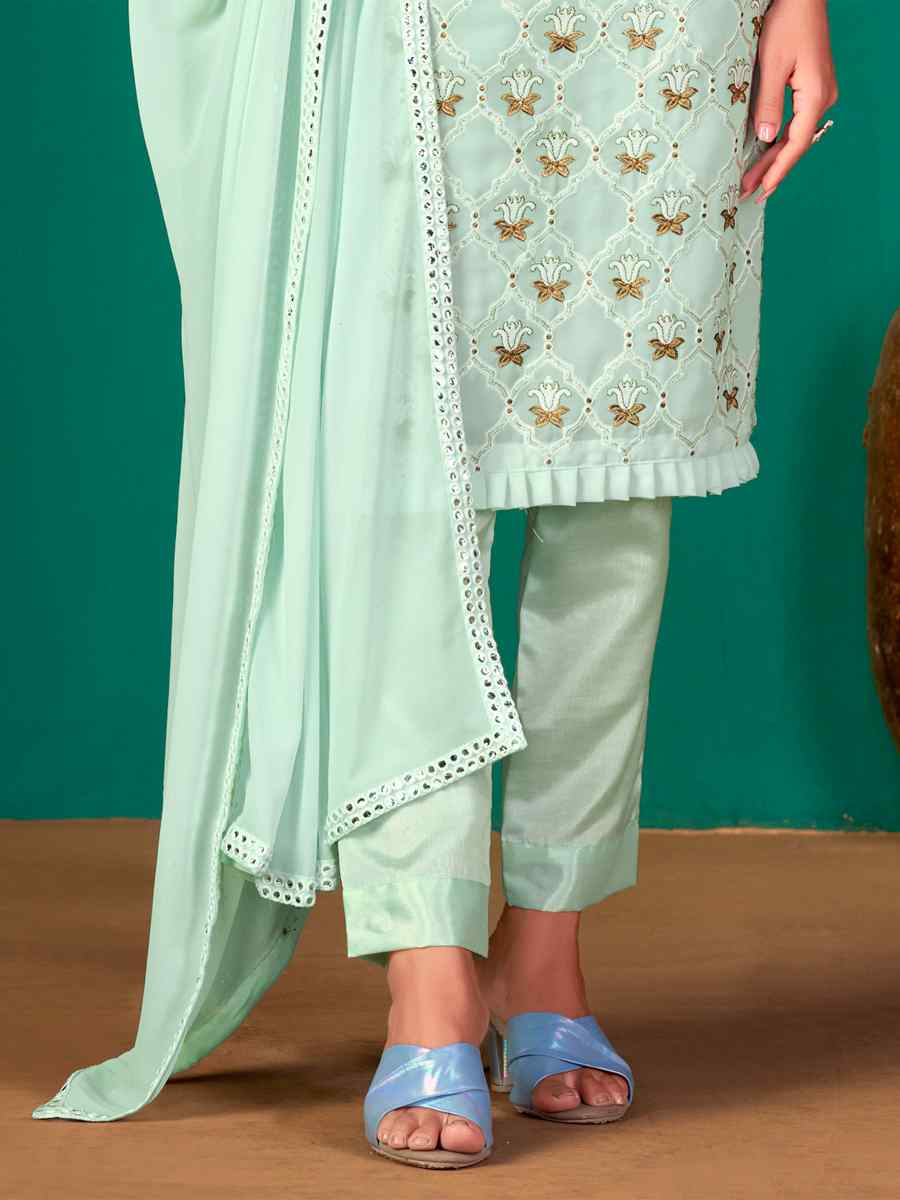 Sea Green Faux Georgette Handwoven Festival Pant Salwar Kameez