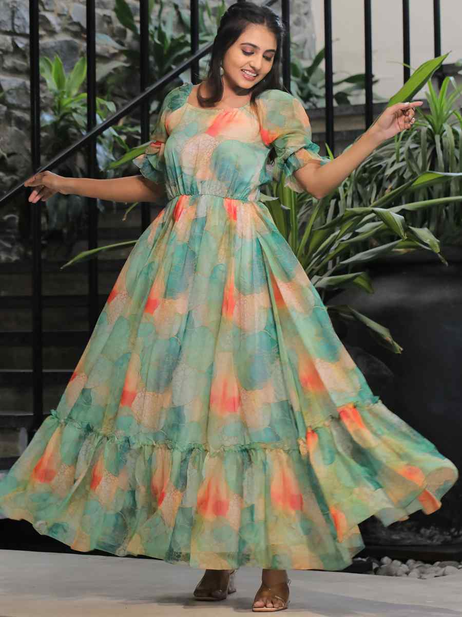 Sea Green Faux Georgette Printed Festival Casual Gown