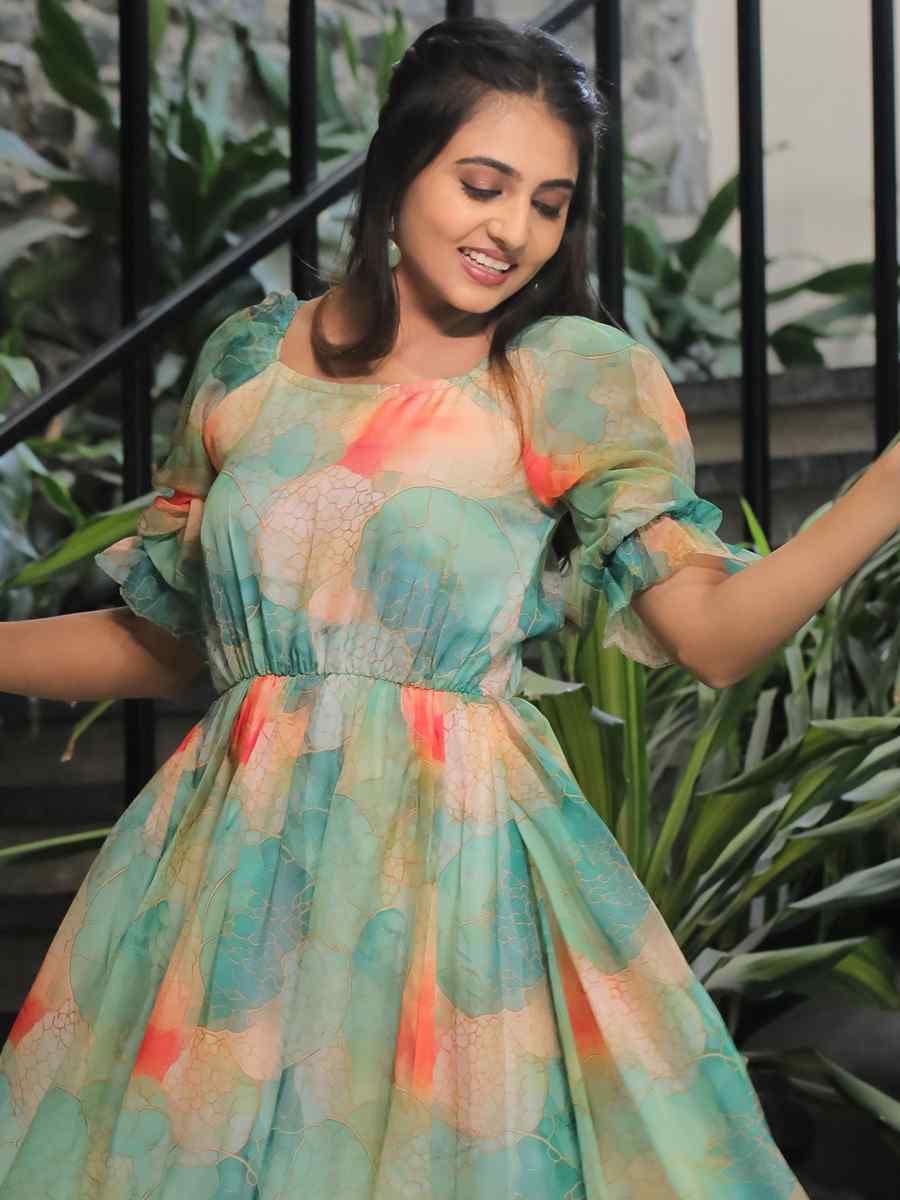 Sea Green Faux Georgette Printed Festival Casual Gown