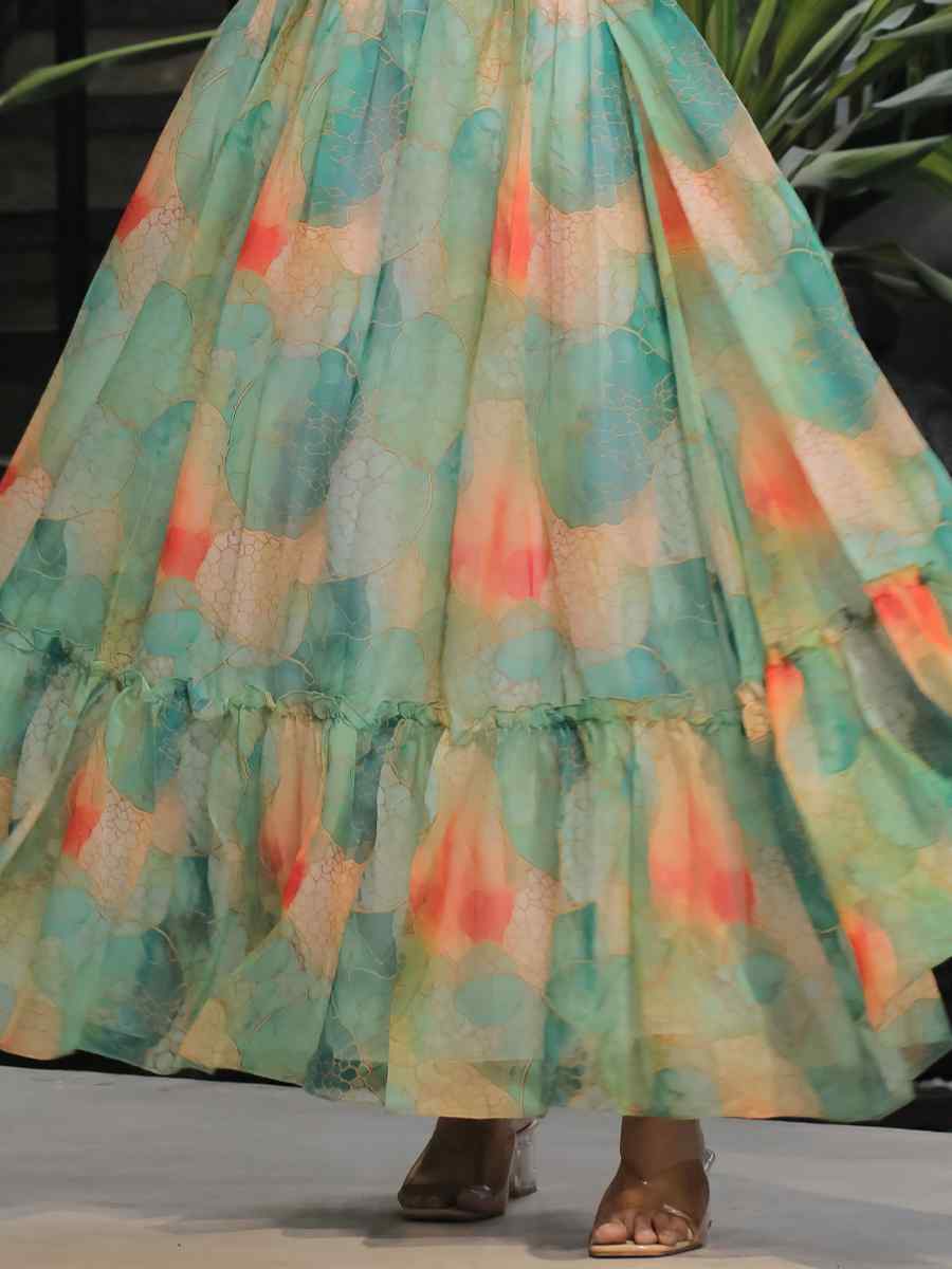 Sea Green Faux Georgette Printed Festival Casual Gown