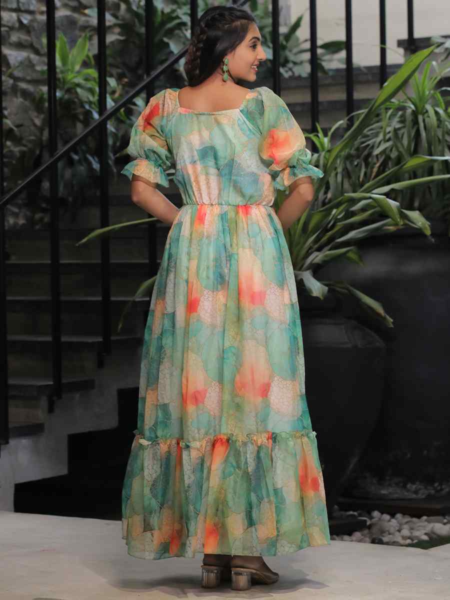 Sea Green Faux Georgette Printed Festival Casual Gown