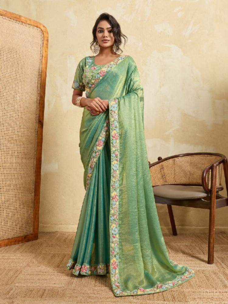Image of Sea Green Fendy Chiffon Embroidery Wedding Reception Party Heavy Border Sarees