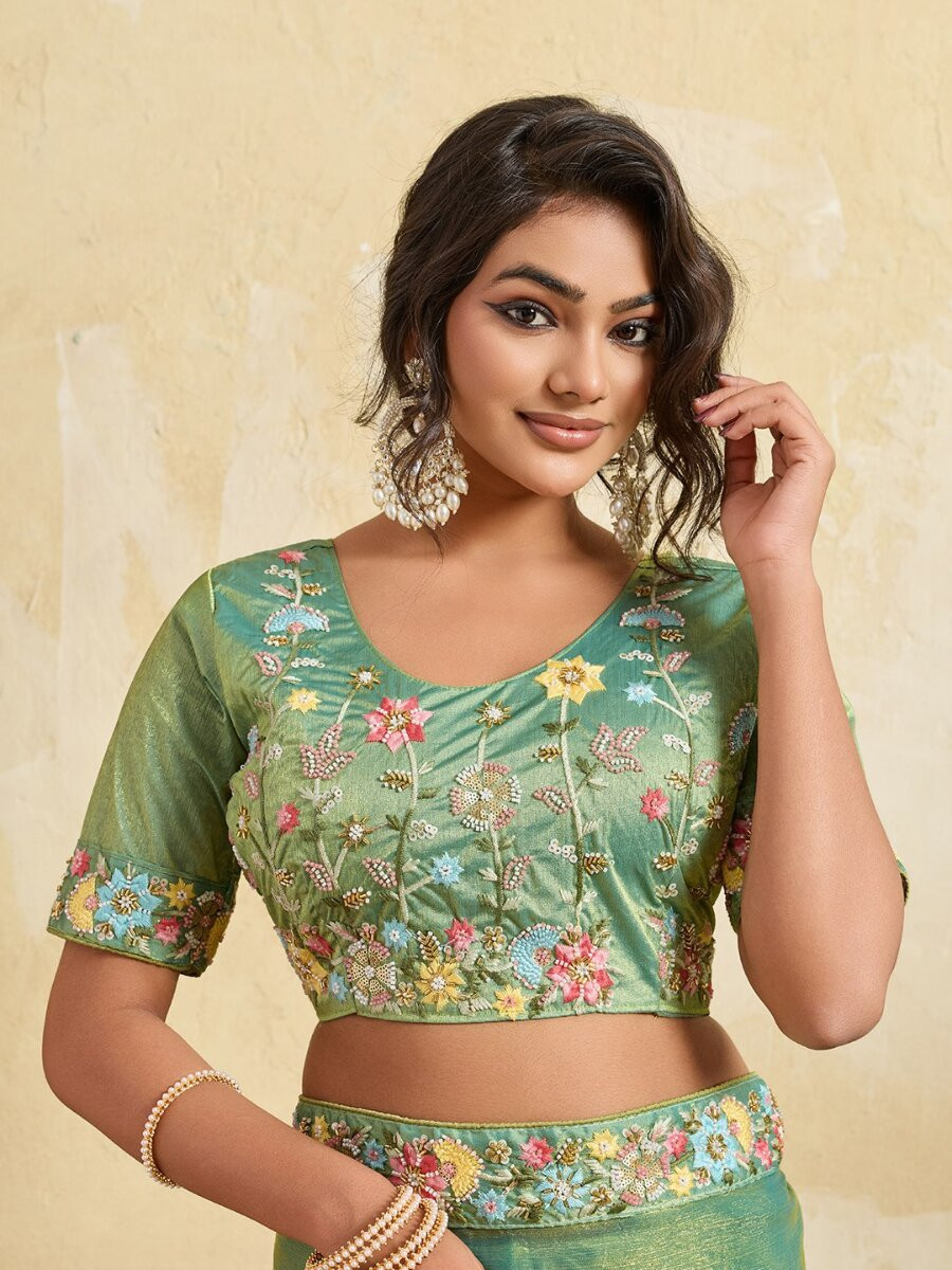 Sea Green Fendy Chiffon Embroidery Wedding Reception Party Heavy Border Sarees