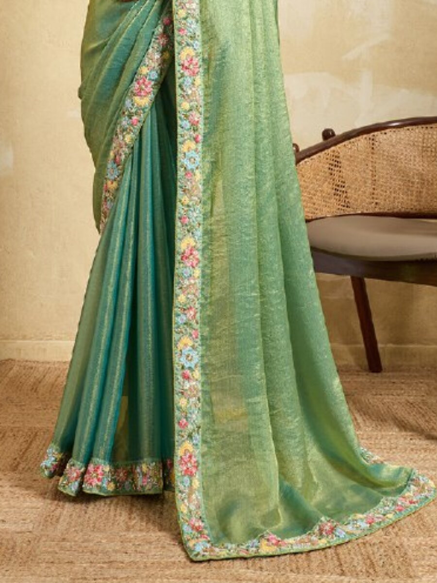 Sea Green Fendy Chiffon Embroidery Wedding Reception Party Heavy Border Sarees