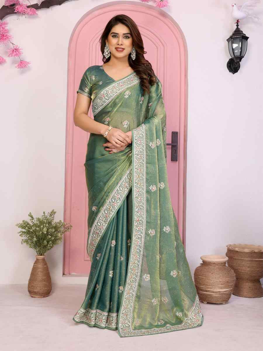 Sea Green Fendy Chiffon Silk Embroidery Casual Festival Party Heavy Border Sarees