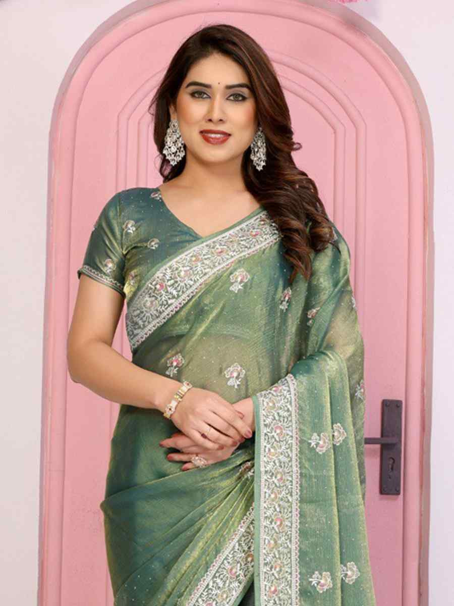 Sea Green Fendy Chiffon Silk Embroidery Casual Festival Party Heavy Border Sarees