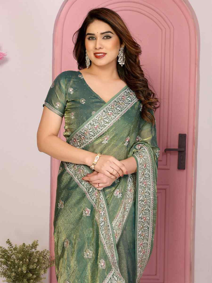 Sea Green Fendy Chiffon Silk Embroidery Casual Festival Party Heavy Border Sarees