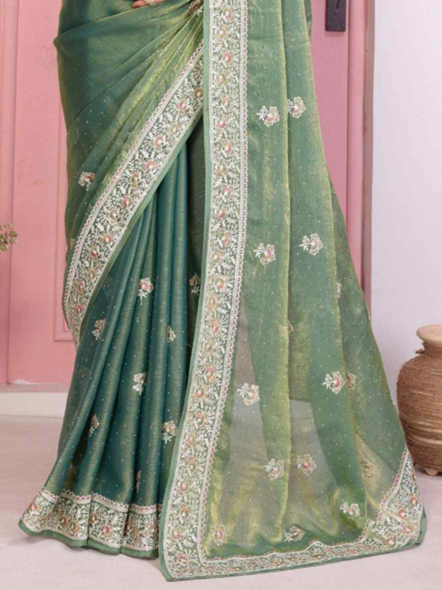 Sea Green Fendy Chiffon Silk Embroidery Casual Festival Party Heavy Border Sarees