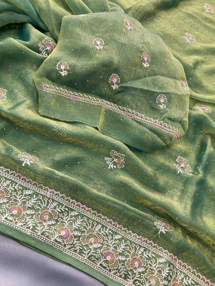 Sea Green Fendy Chiffon Silk Embroidery Casual Festival Party Heavy Border Sarees