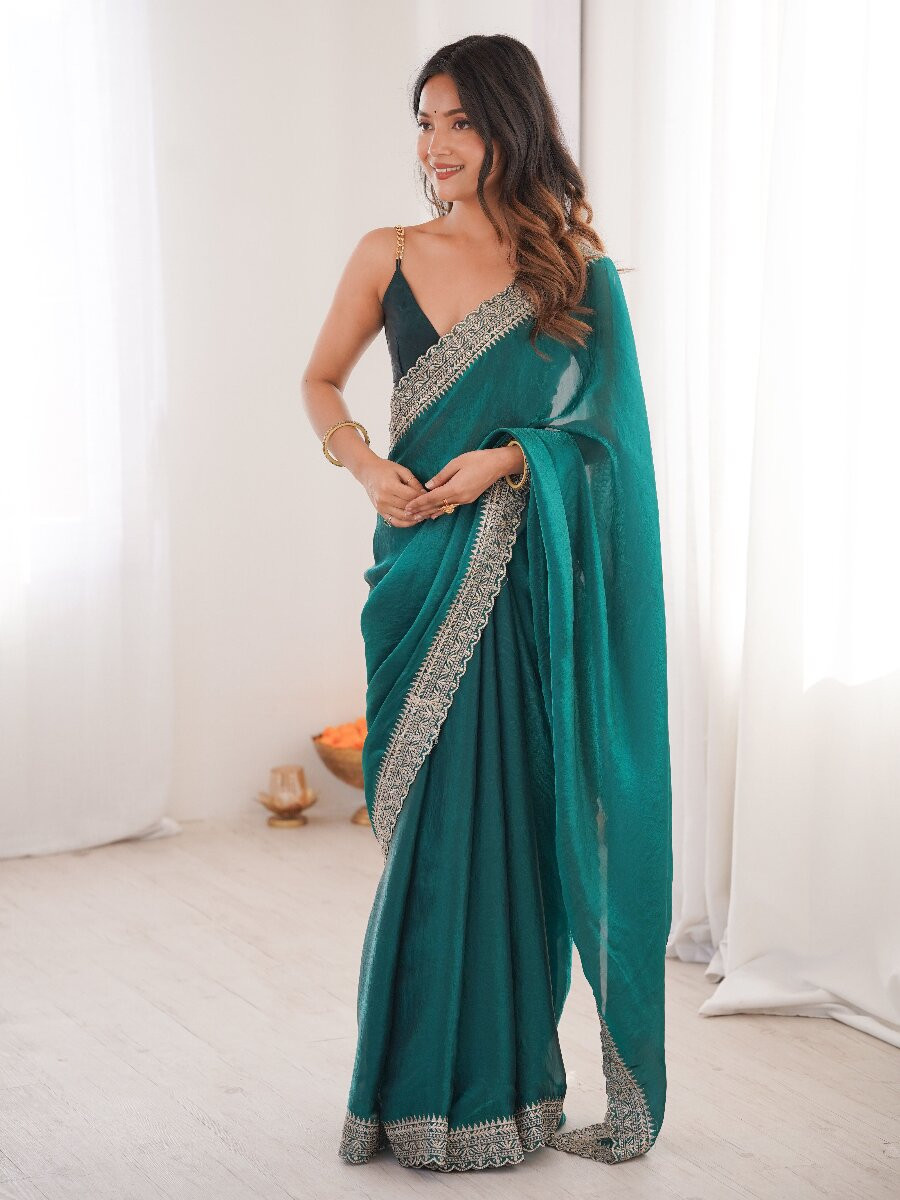 Sea Green Fendy Satin Embroidery Lace Border Wedding Party Festival Reception Casual Heavy Border Sarees