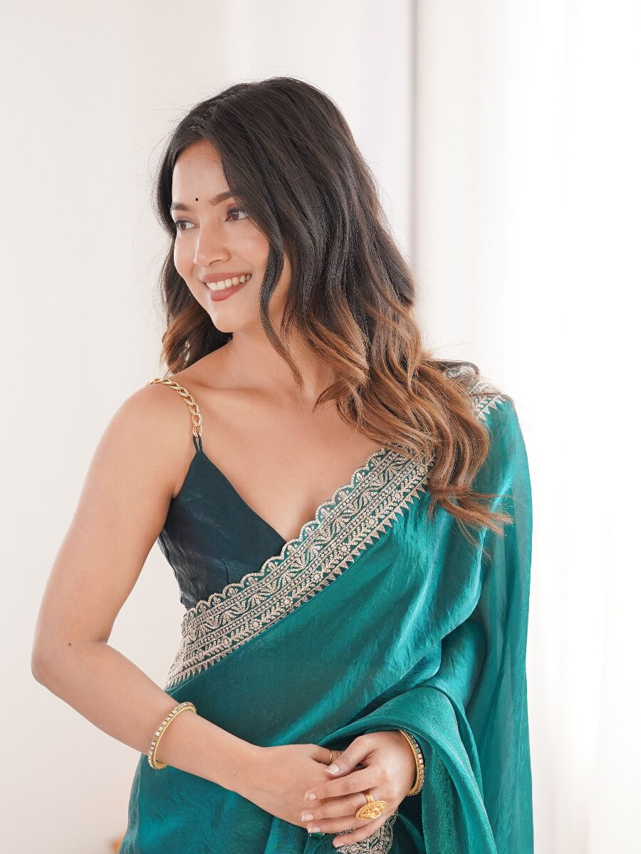 Sea Green Fendy Satin Embroidery Lace Border Wedding Party Festival Reception Casual Heavy Border Sarees