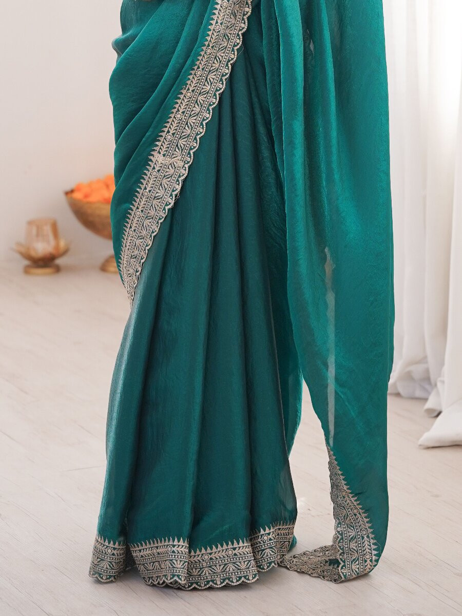 Sea Green Fendy Satin Embroidery Lace Border Wedding Party Festival Reception Casual Heavy Border Sarees