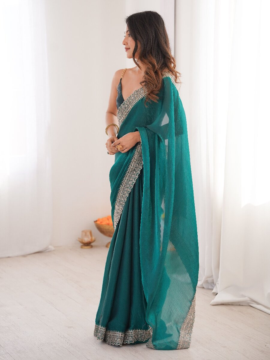 Sea Green Fendy Satin Embroidery Lace Border Wedding Party Festival Reception Casual Heavy Border Sarees
