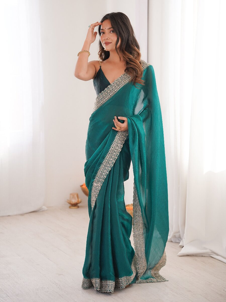 Sea Green Fendy Satin Embroidery Lace Border Wedding Party Festival Reception Casual Heavy Border Sarees