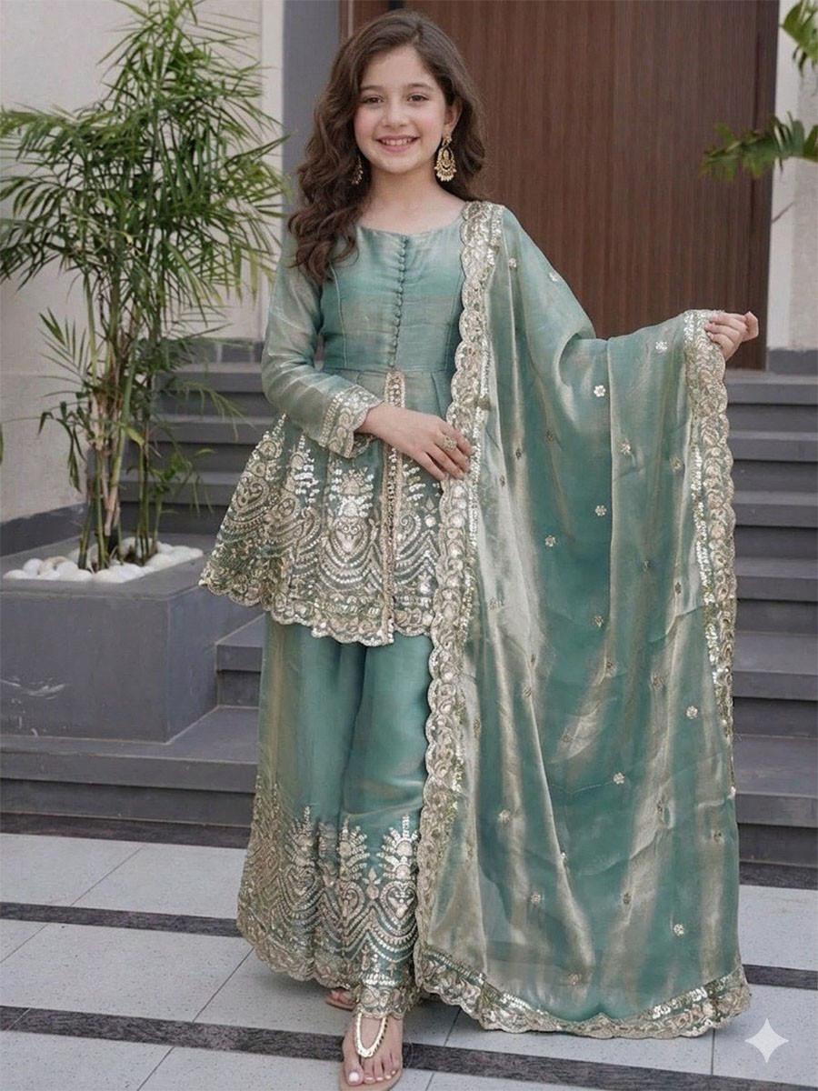 Sea Green Fendy Silk Embroidered Ethnic Casual Festival Party Wedding Salwars Girls Wear